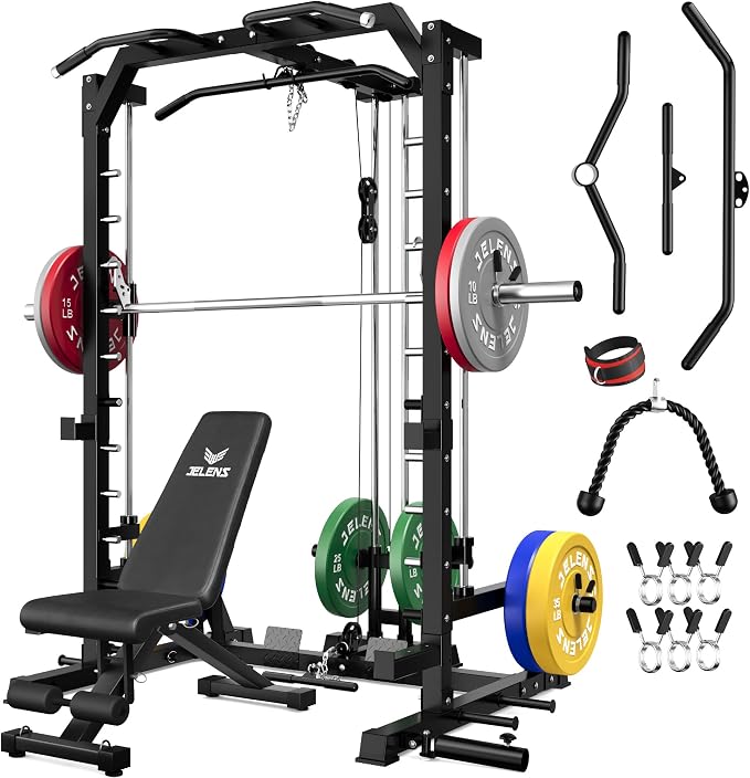 SR01 Smith Machine, 2000LBS Multi-Function Power Cage with LAT Pulldown System, All-in-One Home Gym Squat Rack with Smith Bar and Training Attachments for Full Body Workouts