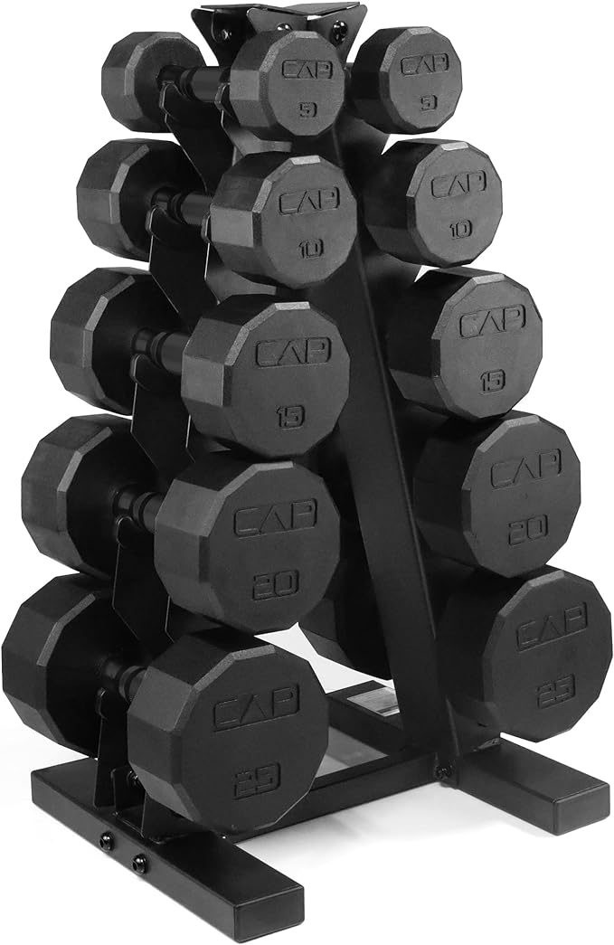 CAP Rubber Coated Hex Dumbbell Set with Storage Rack | 100–210 lb Options, Space-Saving Vertical Compact Storage for Home Gym Strength Training
