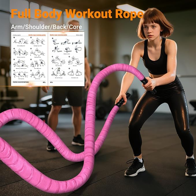Battle Ropes for Home Gym 1 Inch Diameter 30FT Length Workout Rope Exercise Rope Training Ropes with Protective Sleeve for Kids Men Women Exercise Fitness & Strength Training-Pink