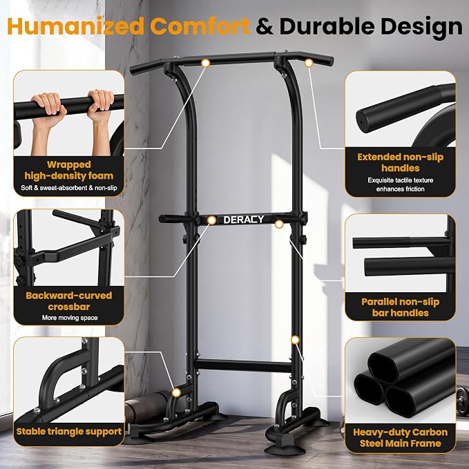 DERACY Pull Up Bar Free Standing, Power Tower with Pull Up Assistance Bands, Adjustable Height Pull Up Dip Station, Dip Bars for Home Gym Strength Training, Push Up Bar