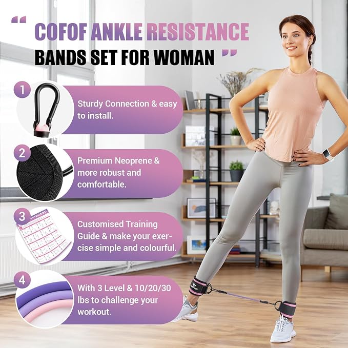 Ankle Resistance Bands with Cuffs, Leg Exercise Equipment with Poster | Ankle Bands for Working Out, Kickbacks Hip, Leg Glute, Resistance Workout Equipment for Women