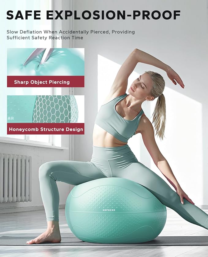HAPBEAR Exercise Ball- Anti-Burst Slip-Resistant Yoga/Pilates Ball for Core Training & Posture Improvement, Home Gym/Rehab/Pregnancy Ball, Quick Pump & 3 Resistance Bands Included