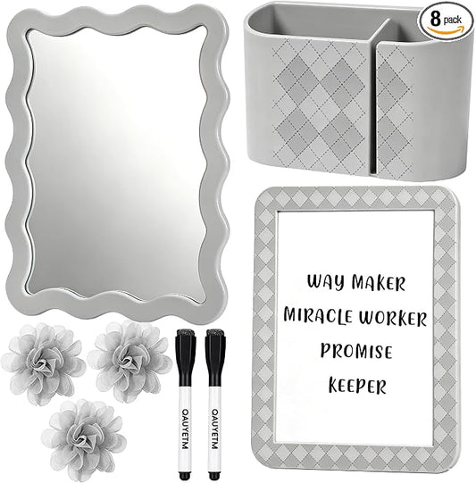8 PCS Gray Locker Accessories Kit for Girls with Magnetic Mirror Whiteboard Pen Holder Flower Magnets Cute Aesthetic Locker Decoration Set for School Dorm Office Organization