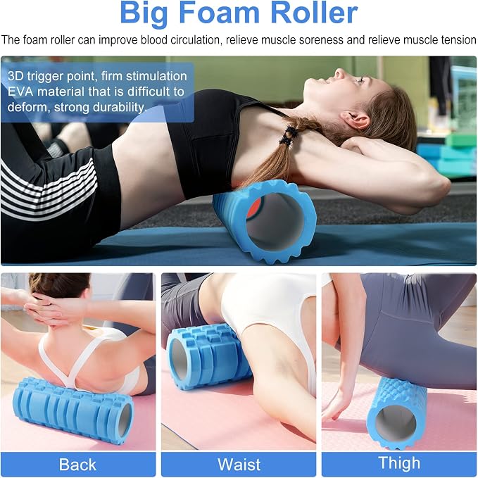 Aucuu 5 in 1 Foam Roller Set Includes Hollow Core Massage Roller, Yoga Stick, Massage Ball, Fitness Stretching Strap, Massage Roller, Carrying Bag, Towel (Blue)