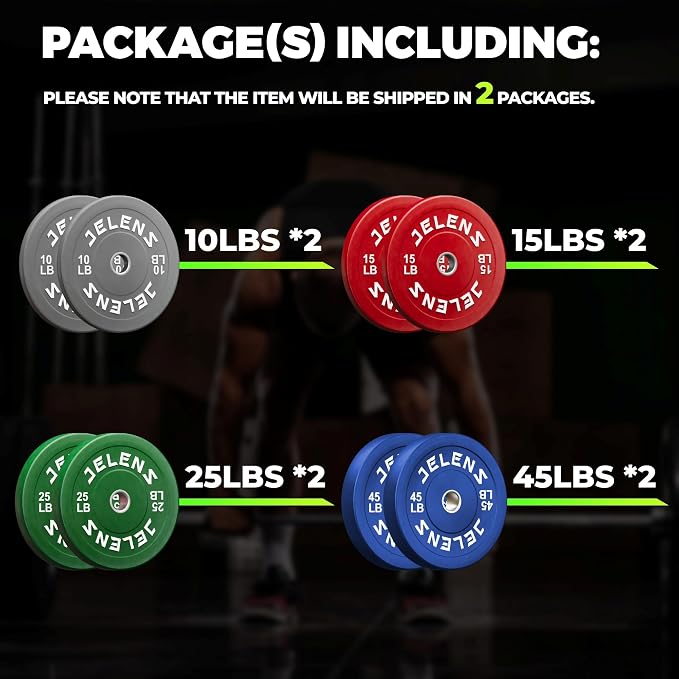 JELENS Olympic Barbell Weight Plates Set, 2-Inch Black/Colored Rubber Bumper Plate Weight Set for Strength Training and Weightlifting, Multiple Options