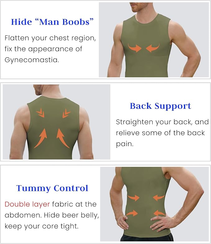 Compression Shirt Men Slimming Body Shaper Vest Crewneck Workout Tank Top | Tummy Control Undershirts, Gynecomastia Compression Shirts, Back Support, Sleeveless Muscle Shirts, Shaping Tank Top