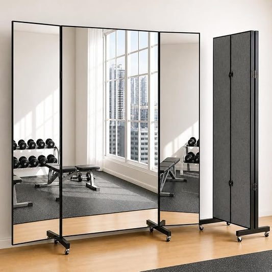 71”x67” Full Length 3-Way Glassless Rolling Mirror，Foldable Floor Standing | Trifold Nano Mirror with Wheels，Ultra-Light Mirror for Home Gym, Dance Studio, Space Saving, Black