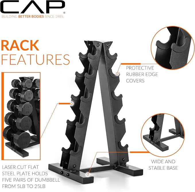 CAP Rubber Coated Hex Dumbbell Set with Storage Rack | 100–210 lb Options, Space-Saving Vertical Compact Storage for Home Gym Strength Training