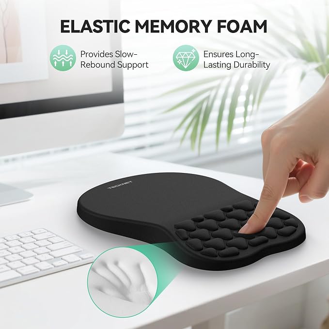 TECKNET Ergonomic Mouse Pad with Wrist Rest,Soft Comfortable Massage Design | Memory Foam and Non-Slip PU Base for Pain Relief, Office Gaming Mousepad for Desk, Home, Office - Black