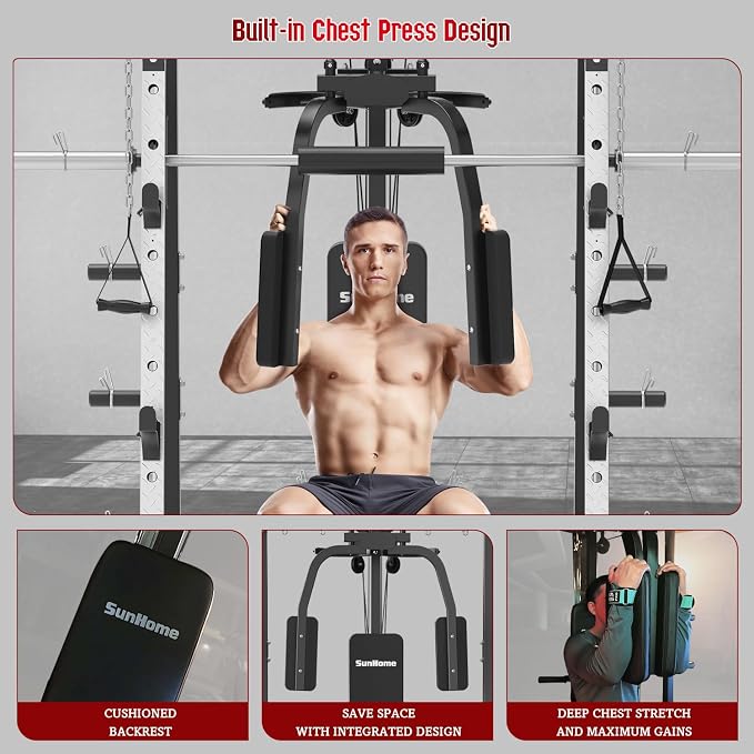 SunHome Smith Machine, 2000LBS Power Cage Squat Rack with Smith Bar, LAT Pull-Down Systems, Cable Crossover Machine for Home Gym