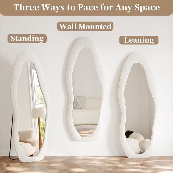 Full Length Mirror, 63"x24" Flannel Floor Mirrors with Stand | Irregular Wavy Mirror Full Body for Bedroom Living Room, Hanging or Leaning Wavy Wall Mirror, Tempered Glass, Beige