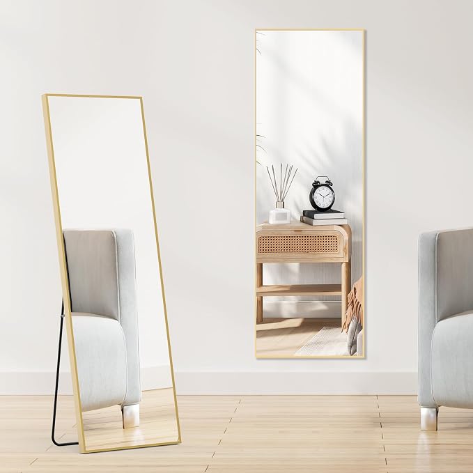 OLIXIS Gold Full Length Mirror for Bedroom, 56"x15" Full Body Mirror | with Stand, Hanging or Leaning for Wall, Aluminum Alloy Thin Frame Floor Standing for Living Room, Long