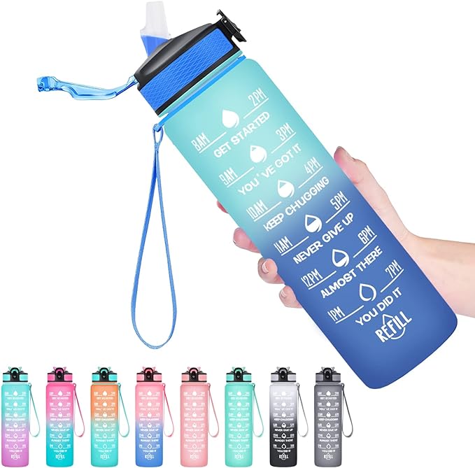 Hyeta Water Bottle with Straw & Time Marker, Plastic 32oz Leakproof | Motivational Tritan BPA Free Gym Office Outdoor Intake Tracker Hourly Reminder Straw Lid Carry Strap