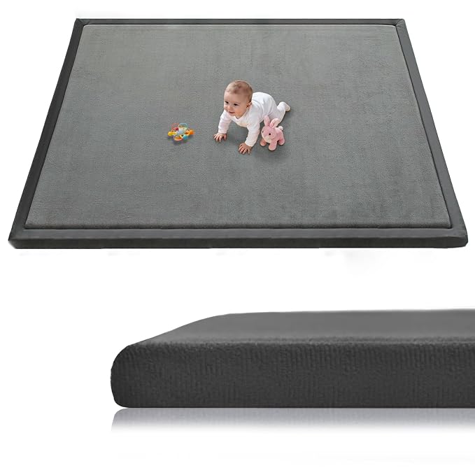 Baby Play Mat for Floor, 79'' x 71'' Thicken Foam Soft Padded Playmat for Tummy Time, Playpen Mat for Toddlers Infant Kids, Water-Repellent Coral Velvet, Non-Slip Bottom Safe for Crawling (Dark Grey)