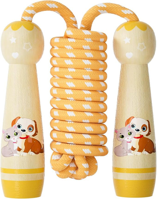 Jump Rope for Kids-Adjustable Cotton Braided Skipping Rope with Wooden Handle for Toddler Fitness Workout Exercise Outdoor Activity