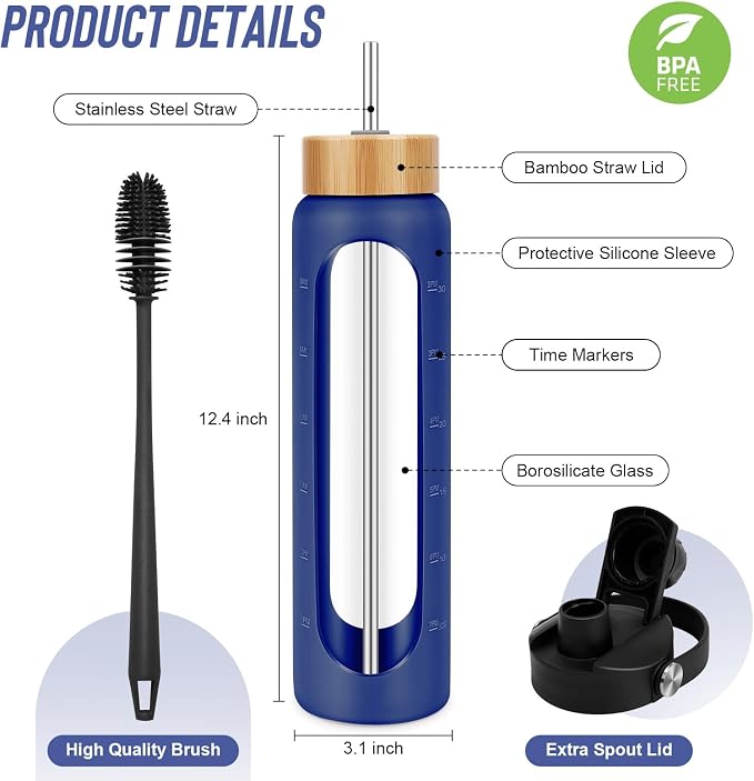 FULBEVY 32 oz Glass Water Bottles - 1 Liter Motivational Tumbler Water Bottle Time Marker - Borosilicate Glass Water Bottle With Silicone Sleeve and 2 Lids, Handle Spout & Bamboo Straw Lid (Blue)