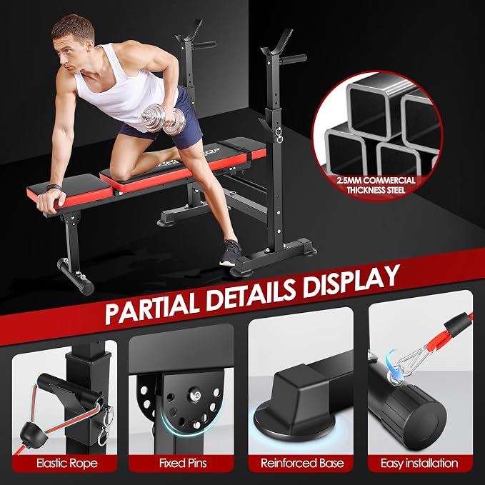 OPPSDECOR 900LBS Weight Bench Set Adjustable Workout Bench for Home Gym | Bench Press, Incline Press, Squat Rack, Leg Developer, Preacher Curl Pad, Fits 6-7ft Barbells, 2-Second Fold, 38-in Rear Rack