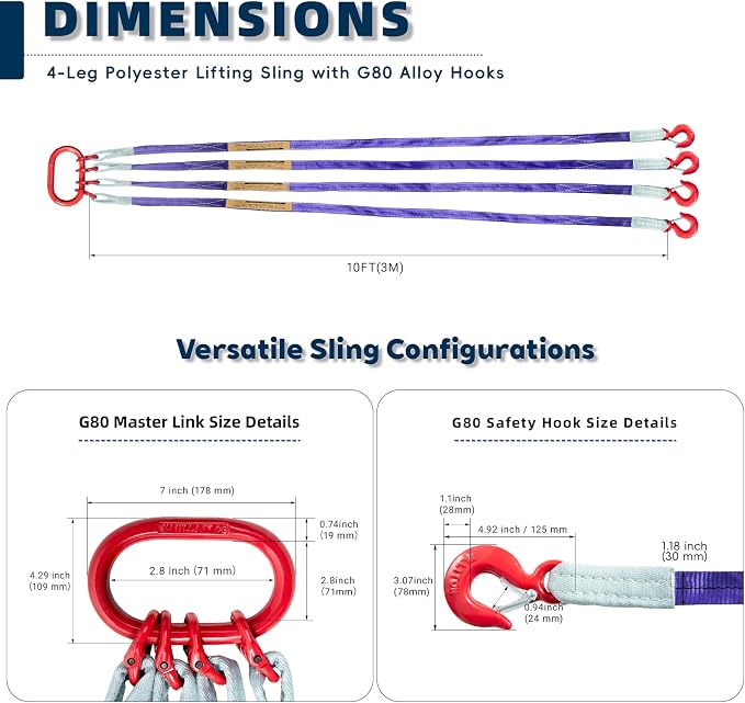 10 ft 4-Leg Web Bridle Lifting Sling, 8800 lb WLL
