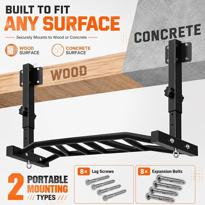 48" Joist Mounted Pull Up Bar, 600LBS Heavy Duty Multi Grip Ceiling Mount Chin Up Bar, Ceiling Beam for Home Gym/Garage/Basement with 5-Height Adjustable& Round Anchors, Easy to Install