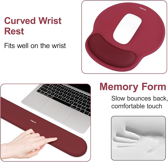 MOSISO Wrist Rest Support for Mouse Pad&Keyboard Set, Wine Red | Circle Curved Ergonomic Mousepad Non-Slip Base Home/Office Pain Relief&Easy Typing Pad with Soft Cloth&Silicone Lining