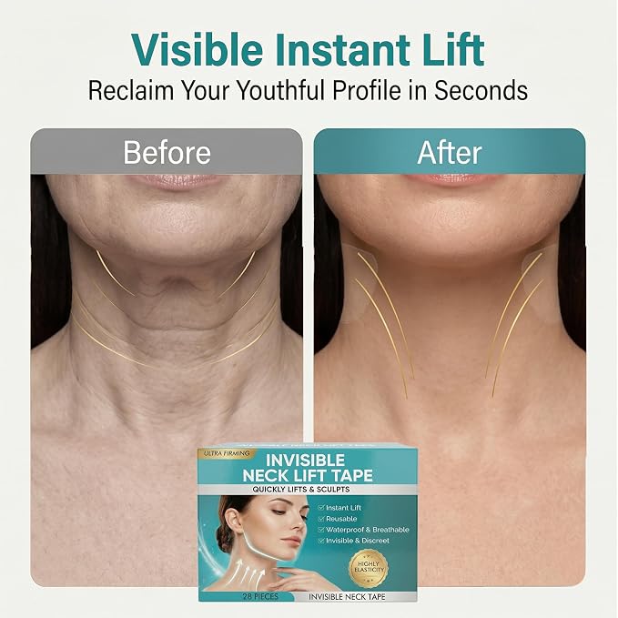 Neck Lift Tape, 28 PCS Invisible Neck Tape Lifting for Double Chin | Sagging Skin, Waterproof High Elastic Face Lift Straps for Women