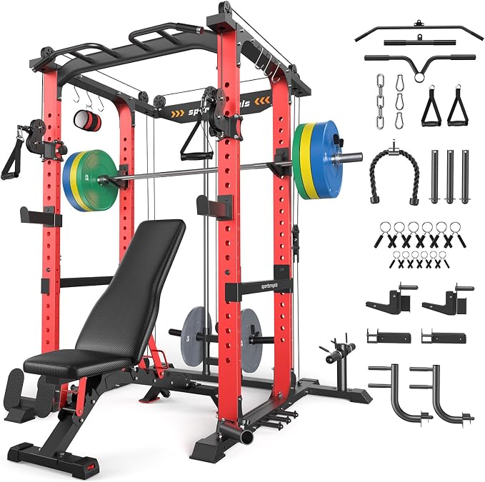 SPORTSROYALS Power Rack, Multi-Functional Power Cage, Squat Rack with Pulley System & LAT Pull Down, Workout Cage with J Hooks for Home Gym