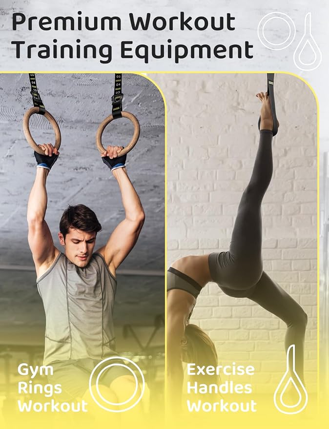 GHB Gymnastic Rings Wooden Gym Rings 1.25" Olympic Rings Adjustable Straps Pull Up Rings Sets for Workout Bodyweight Fitness Training