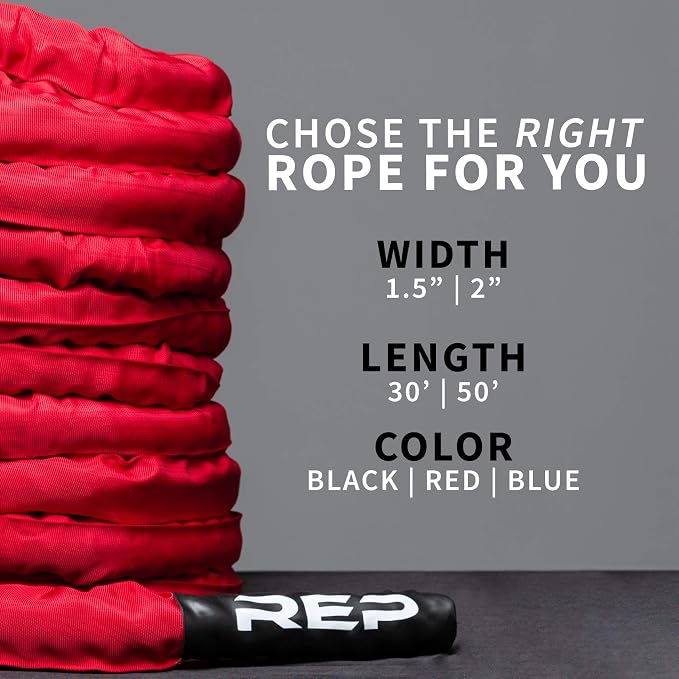 REP Fitness Battle Rope | 30/40/50 Ft Heavy Training Cord for Home Gym, Strength Workout, Cross Fit, Cardio Conditioning, Exercise Equipment with Protective Sleeve & Textured Grip Handles | 3 Colors