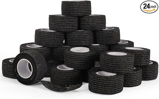 24 Rolls Elastic Self Adhesive Bandage Wrap 1 Inch, Breathable Non Woven Cohesive Bandage, Vet Wrap for Dogs, Ankle Sprains Swelling Medical First Aid Tape, Sports Athletic Tape Color Black