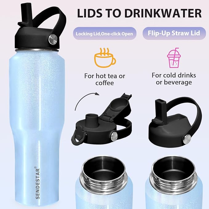 SENDESTAR 40oz Stainless Steel Water Bottle(Cold for 48 Hrs, Hot for 24 Hrs),Double Wall Vacuum Insulated Bottle with Straw Lid, Spout Lid and Flex Cap, Fit in Any Car Cup Holder