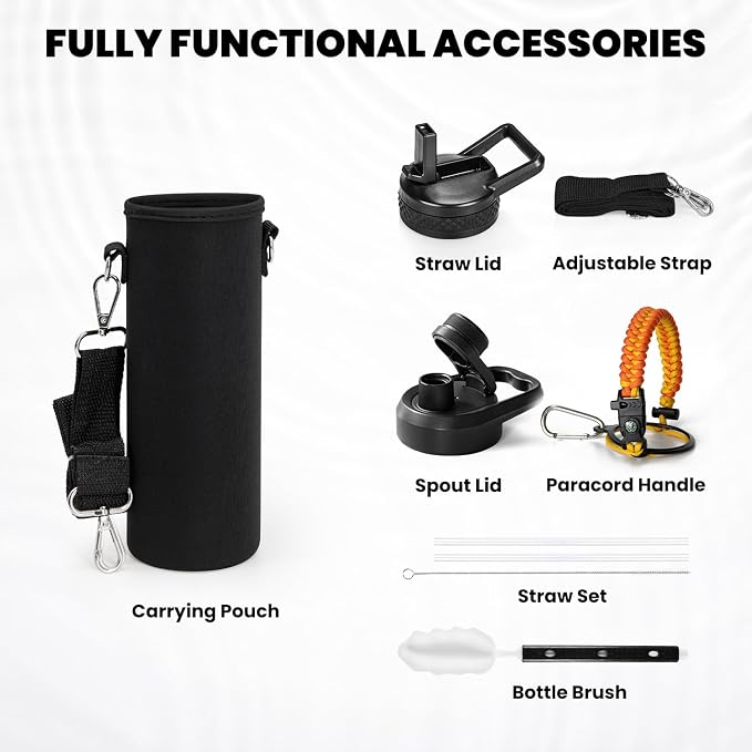 RAYMYLO Insulated Water Bottle 24 oz, Triple Wall Vacuum Stainless Steel | (Cold for 24Hrs, Hot for 12Hrs), Leak Proof & Non-BPA, Modern Water Flask Jug with Paracord Handle & Straw Spout Lids
