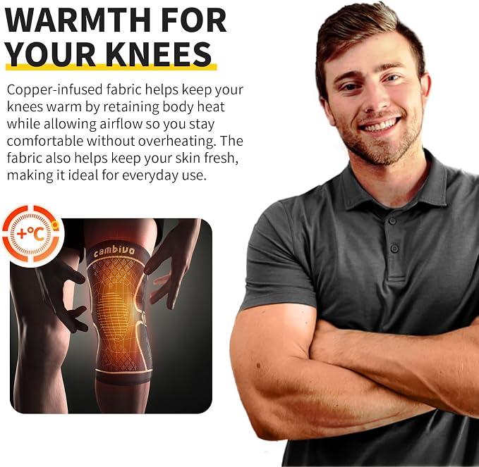 CAMBIVO 2 Pack Copper Knee Braces for Knee Pain, Knee Compression Sleeve for Men and Women, Knee Support for Meniscus Tear, Running, Weightlifting, Workout, ACL, Arthritis, Joint Pain Relief (Gold, Small)