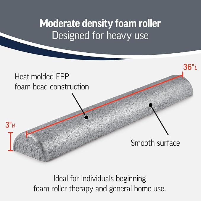 OPTP Silver AXIS Moderately Firm Foam Roller – Half-Round, Silver, 36" x 3" | Moderate density for sports medicine, physical therapy, Pilates, yoga, trigger point myofascial release, Heat-molded EPP foam