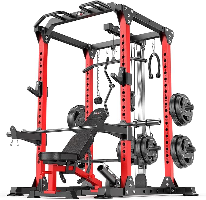Power Cage Multi-Function Power Rack with Cable Crossover System,1500 LBS Capacity Squat Rack with Weight Bench,for Home Gym