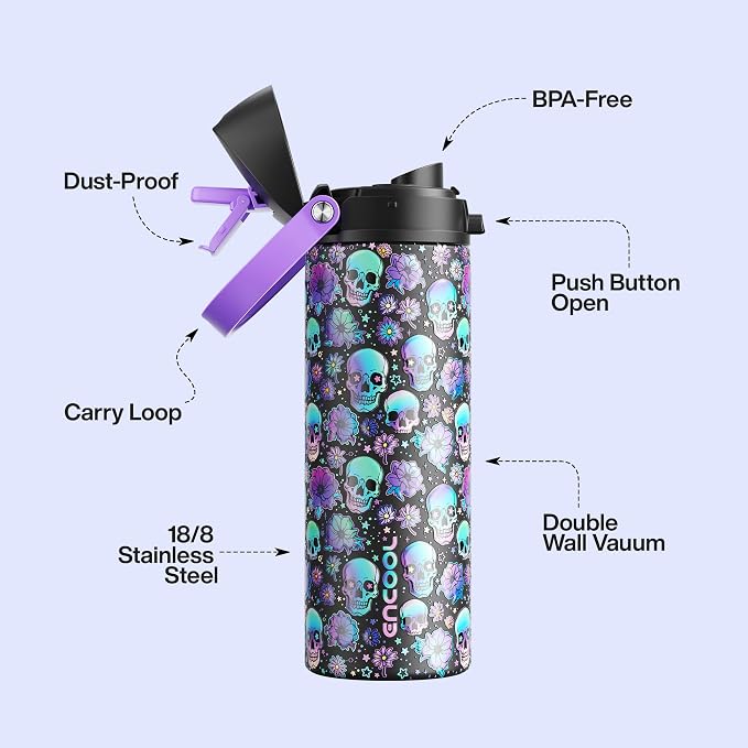Insulated Water Bottle with Straw - Encool Stainless Steel Water Bottle with Push Button Lid, Leak-Proof & BPA-Free, Keeps Cold for 24 Hours for Sports, Travel, Gym (24 oz, Floral Afterlife)