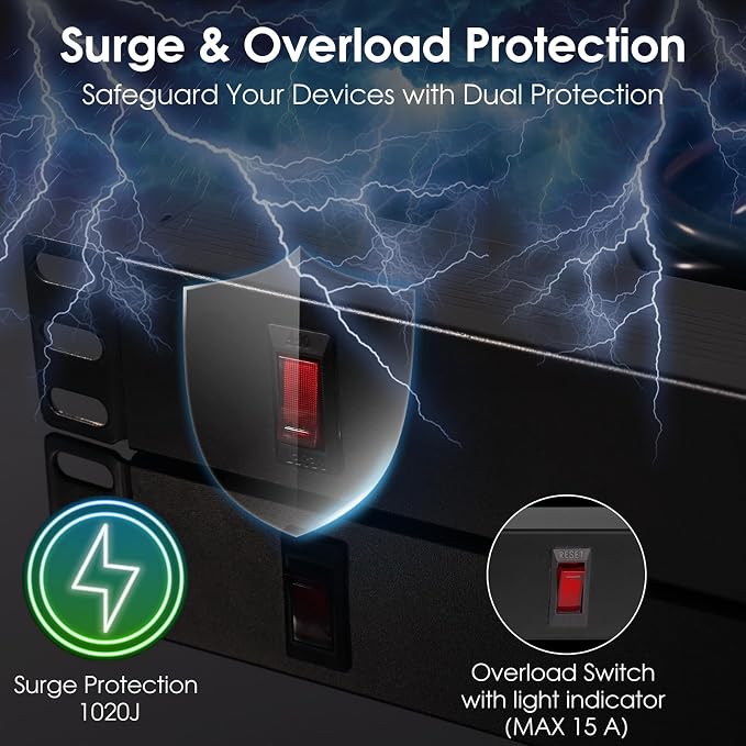 8 Outlet Rack Mount PDU Power Strip, 1020J Surge Protection | 15A Overload Switch, Fits 19'' Network Server Rack, 6ft 14AWG Cord, 1U RackMount, Rear Plug