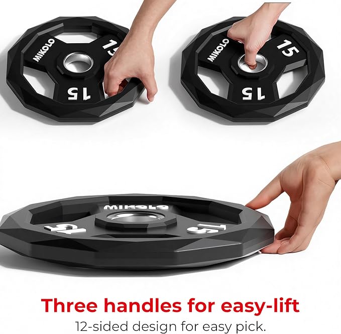 Mikolo Olympic Weights Set 2-Inch Rubber Coated Plates, 12-Sided Non-Roll Weight Plates Grip with 3 Handles for Home Gym, Strength Training, Single, Pair and Sets(5/10/15/25/35/45 LB)