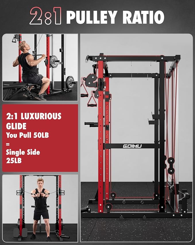 RH01 Power Cage Rack, 2000LBS Squat Rack with with Cable Crossover System&LAT Pull Down System, Multi-Function Workout Cage for Home&Garage Gym