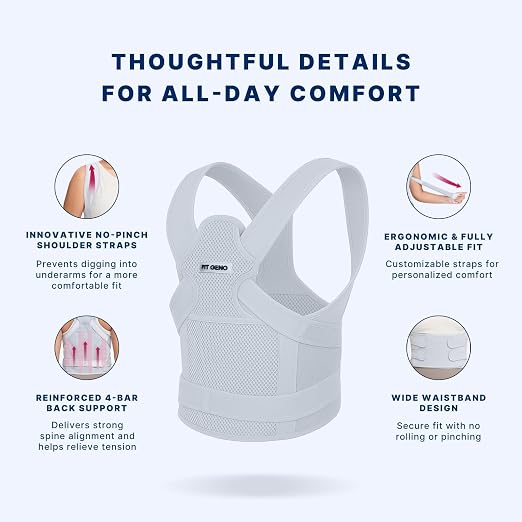 Fit Geno Posture Corrector for Women & Men, Adjustable Upper Back Brace | 4 fiberglass stays with breathable mesh gently pull your shoulders back to correct rounded posture and ease upper back strain