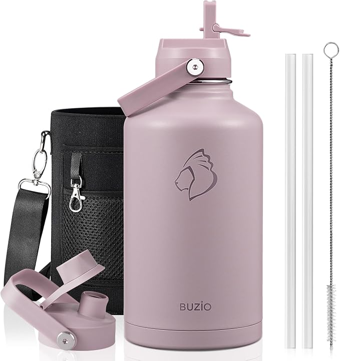BUZIO Triple Wall Vacuum Water Bottle with Dust-Proof Straw & Spout Lids | 40 oz Insulated Stainless Steel Water Flask (Cold for 48 Hrs/Hot for 24 Hrs), Dishwasher Safe, Leakproof, Non-BPA, for Hiking