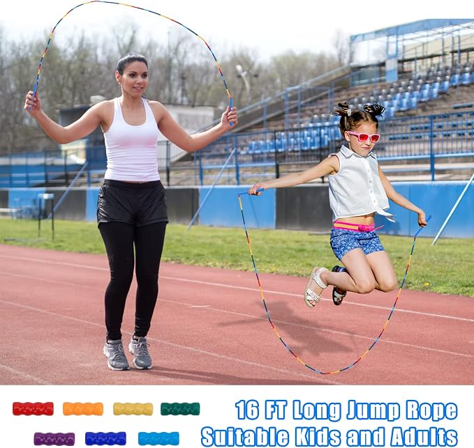 Coolrunner 16 FT Long Jump Rope(2 PACK), Double Dutch Jump Ropes, Soft Beaded Skipping for Kids Adults, Plastic Segmented Long Enough for 4-5 Jumpers