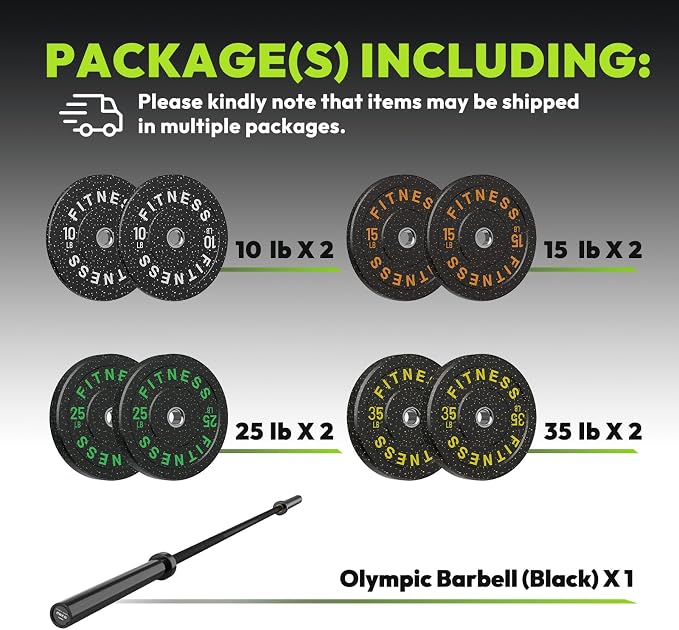 HANDBODE Olympic Barbell Set, 2-Inch Bumper Plates with Weight Plate Rack | Colored Crumb Rubber Weight Plates for Weight Lifting & Strength Training, 90–530 lb Set with 45 LB (20 kg) Olympic Barbell