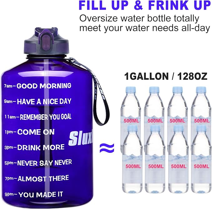 SLUXKE 1 Gallon Motivational Sports Water Bottle with Time Marker, BPA Free 128oz Leak Proof Jug, Black, Plastic, 128 ounces, Fitness, Sports, Outdoor Activities