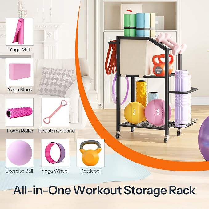 HOOBRO Dumbbell Rack, Weight Rack for Dumbbells, Yoga Mat Storage Rack, Home Gym Storage Rack for Dumbbells Kettlebells Foam Roller, Workout Storage Organizer with Wheels & Hooks