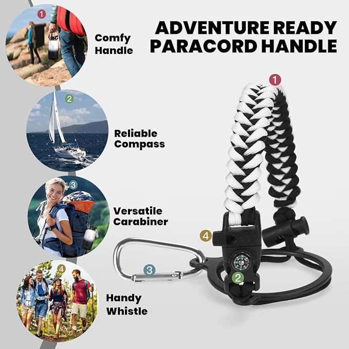 RAYMYLO Insulated Water Bottle 64 oz, Triple Wall Vacuum Stainless Steel (Cold for 48 Hrs), Leak Proof & Non-BPA, Half Gallon Water Flask Jug with Paracord Handle & Straw Spout Lids, White/Black | (Cold for 48 Hrs), Leak Proof & Non-BPA, Half Gallon Wa...