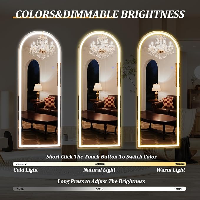 LED Arched Full Length Mirror with Lights 65"x24" | Lighted Floor Mirror with Dimming & 3 Color Lighting, Aluminum Frame Standing Leaning or Hanging for Cloakroom White