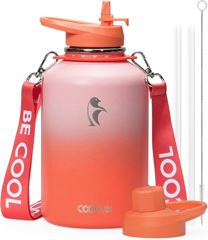 Coolflask Half Gallon Water Bottle Insulated Stainless Steel with Strap | 64 oz Large Water Jug with Straw & Spout Lids,Triple-Wall, Cold 48+h,Dishwasher Safe, Leakproof, BPA-Free,for Gym & Hiking