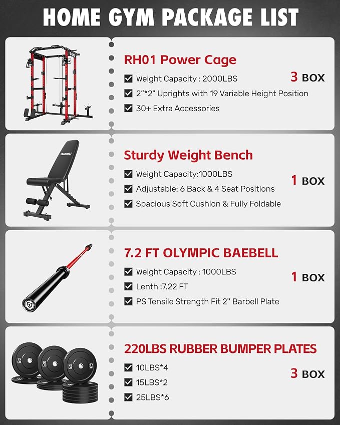 RH01 Power Cage Rack, 2000LBS Squat Rack with with Cable Crossover System&LAT Pull Down System, Multi-Function Workout Cage for Home&Garage Gym
