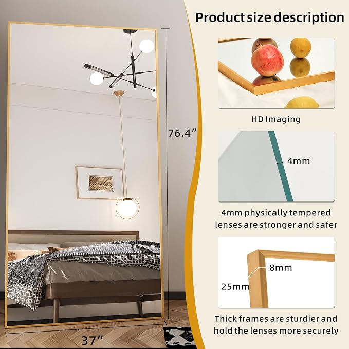 Beauty4U 76" x 37" Full Length Mirror with Stand, Gold Large Floor Mirror | Standing, Leaning, or Wall-Mounted Tempered Glass Full Body Mirror with Metal Frame for Bedroom, Closet, Modern Home Decor