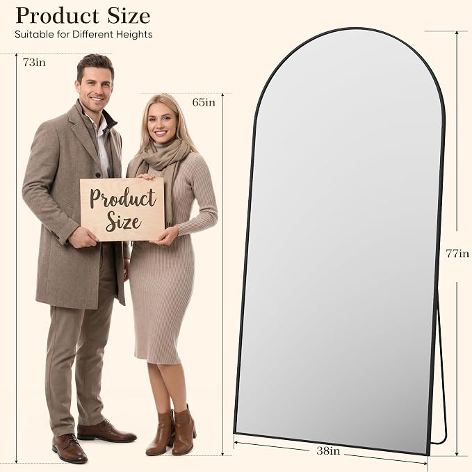 77"x38" Arched Full Length Mirror with Stand, Free Standing Leaning Wall Mounted Aluminum Alloy Frame Mirror for Bedroom Living Room Cloakroom, Black